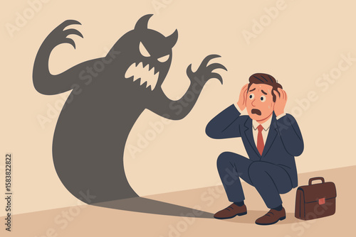 Businessman fear concept. Anxiety, panic attack, and depression metaphor. Man scared of his own monster shadow. Mental health disorder, stress, impostor syndrome, and phobia.