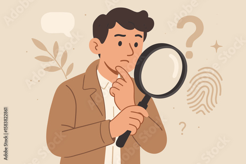 Curiosity, Discovery, and Investigation Concept—Detective Character Analyzing Clues, Researching Insightful Information, Holding Magnifying Glass, Search, Analyze, Report, Specialist Researcher
