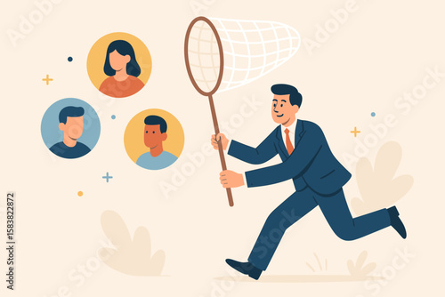 Businessman Recruiting New Clients or Employees, Human Resources Hiring, Lead Generation, Marketing Prospecting, Candidate Search, Team Building, Networking, Corporate Recruitment Concept