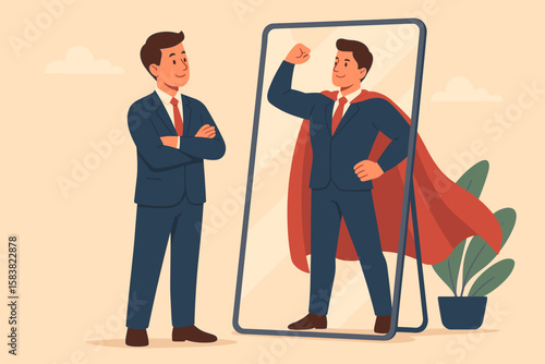 Confident Businessman Visualizing Success, Self-Esteem and Ambition, Positive Mindset, Motivation, Determination, Achieving Goals, Leadership, Personal Growth, Career Inspiration, Empowerment Concept