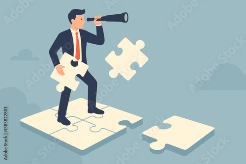 Businessman Searching for Solution, Completing Puzzle, Leadership Vision, Solving Business Challenge, Missing Piece Metaphor, Strategic Planning, Success Concept, Standing on Unfinished Jigsaw