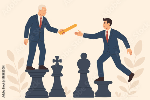Business Succession Planning, Leadership Transition, Baton Pass, Delegation of Authority, Mentorship, Support, Employee Promotion, Boss to Successor, Chess Metaphor, Corporate Management Concept