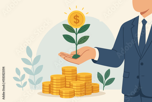 Businessman Investor Hand Holding Money Plant, Investment Growth, Financial Prosperity, Wealth Increase, Savings, Mutual Funds, Profit Opportunity, Economic Success, Financial Planning