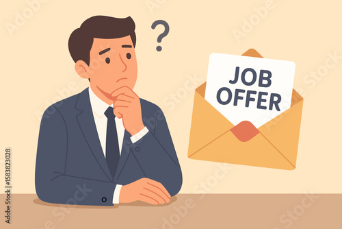Businessman Considering Job Offer, Career Advancement Opportunity, Promotion or New Position, Higher Salary, Employment and Recruitment, Human Resources, Decision-Making Concept Illustration