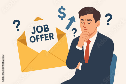 Job offer and career advancement opportunity, promotion or new position for higher salary, employment and recruitment, human resources concept, businessman candidate considering decision