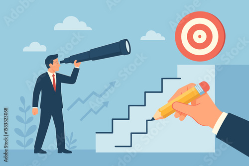 Visionary Business Strategy and Long-Term Goal Achievement Concept—Businessman with Telescope, Opportunity Search, Success Steps, Target, Forecast, Future Planning, Leadership, Growth