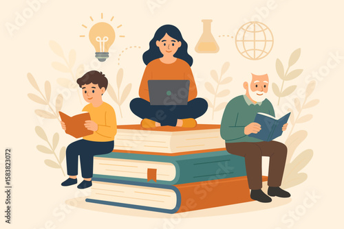 Lifelong learning and self-study motivation for skill development, continuous knowledge acquisition, people of all ages reading books and using technology, education and personal growth concept