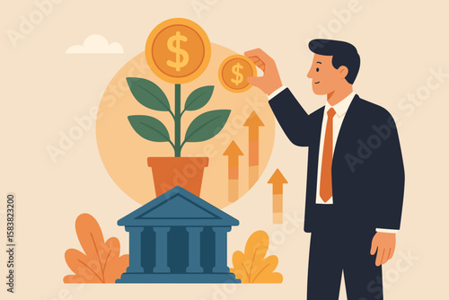 Businessman Investing in Mutual Funds, 401K, Pension, or Savings for Wealth Growth, Financial Planning, Capital Gains, Dividends, Interest Rate Returns, Banking and Investment Concept Illustration