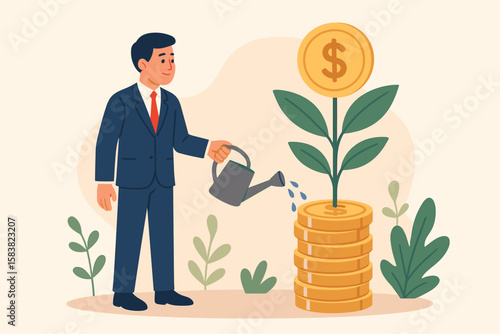 Businessman Investor Watering Money Plant, Mutual Fund and Investment Growth, Wealth Management, Profit Increase, Savings, Pension Fund, Financial Success, Economic Growth Concept