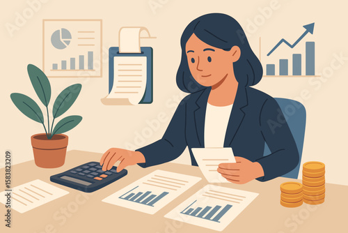 Businesswoman accountant calculating tax and managing finances. Financial audit concept with money report, invoice, and charts. Office accounting and budget analysis.