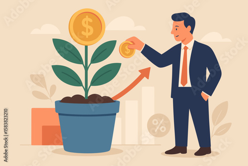 Businessman Investing in Mutual Funds, 401K, Pension, and Savings for Wealth Growth, Financial Planning, Capital Gains, Dividends, Interest Rate Returns, and Profit Accumulation Concept Illustration