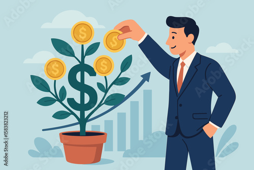Businessman Investing in Mutual Funds, 401K, Pension, and Savings for Wealth Growth, Earning Dividends, Capital Gains, and Interest Returns, Financial Success Concept, Money Plant, Economic Growth