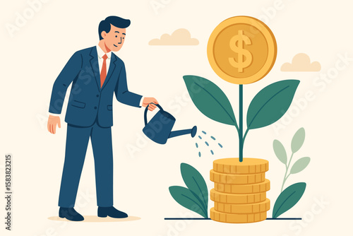Businessman Investor Watering Money Plant, Financial Growth, Wealth Management, Investment Profit, Savings Increase, Mutual Fund, Pension Fund, Economic Success, Financial Planning Concept