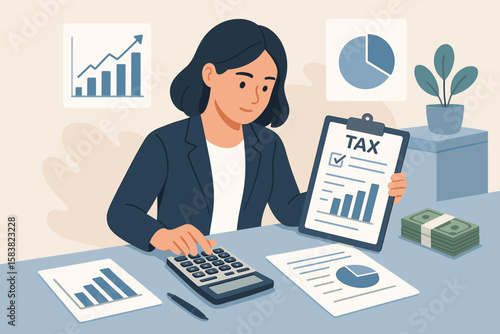 Accountant calculate tax. Finance and accounting document. Manage invoice. Office financial chart and graph. Money report, balance audit concept. Businesswoman at work.
