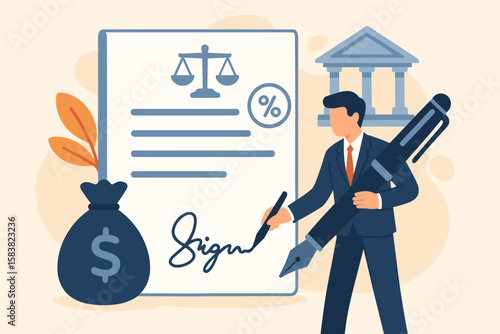 Businessman Signing Legal Loan Agreement Document, Debt Obligation, Bank Credit Contract, Interest Rate, Financial Responsibility, Money Borrowing, Law and Finance Concept Illustration