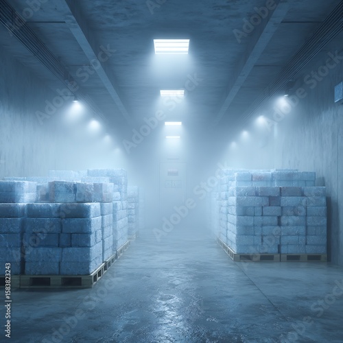 Mysterious cold storage facility illuminated with rows of lights and palletized product