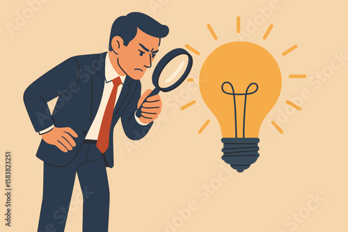 Perfectionist businessman examining details with magnifying glass, high standards, focus on perfect results, attention to detail, goal-oriented, meticulous evaluation, business concept illustration