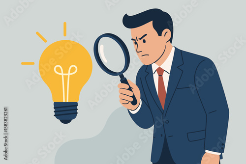 Perfectionist Businessman Analyzing Details with Magnifying Glass, High Standards, Focus on Flawless Results, Attention to Perfection, Meticulous Evaluation, Perfectionism in Business Success