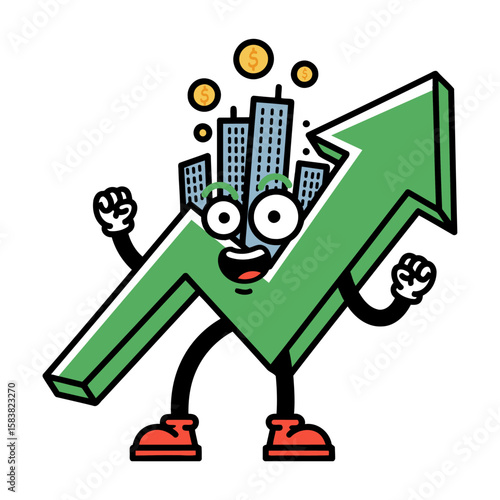 Flat vector character of an energetic upward-trending stock chart, shaped like a green zigzag arrow with eyes, arms, legs, and economic symbols on back. Clean design with thick outlines.