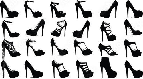 Stylish high heel silhouettes, women's fashion footwear collection, black stiletto icon set, platform pumps, elegant heels, trendy shoes, vector design