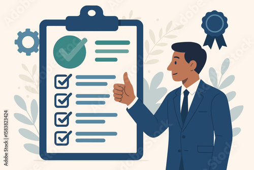 Quality Control Assurance, QC Certification and Approval Process, Excellence in Product and Service Delivery, Guarantee Concept, Businessman with Checklist, Compliance and Standards