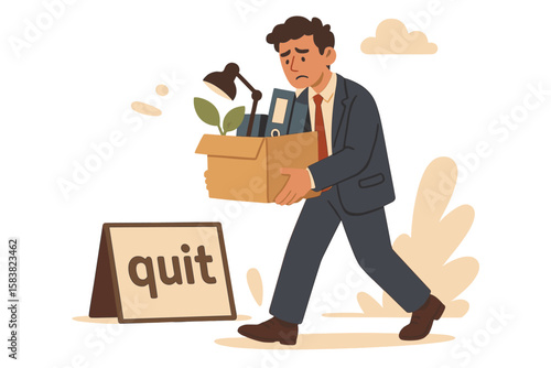Corporate Resignation, Job Quitting, Employee Termination, Career Change, Office Worker Leaving Company, Unemployment, Burnout, Layoff, Dissatisfaction, Exit Concept, Businessman with Box