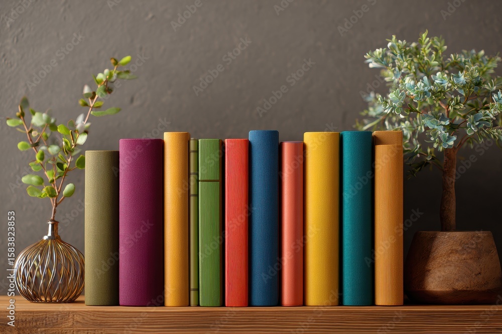 Naklejka premium Colorful hardcover books neatly arranged on a wooden shelf beside decorative plants in a cozy indoor setting
