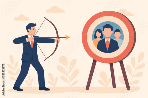 Target audience concept for advertising and marketing, HR recruitment searching candidates for job vacancy, customer and client acquisition, people focus group research, businessman aiming bow arrow
