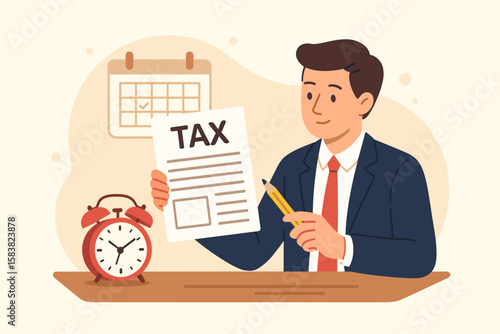 Businessman Holding Tax Document and Pencil, Tax Time Reminder, Income Tax Planning, Government Payment Deadline, Financial Refund Schedule, Revenue Calculation, Office Calendar, Alarm Clock