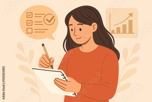 Young Woman Writing Notes for Study and Work, Productivity and Planning Concept, Checklist, Growth Chart, Efficient Information Management, Summary, Organization, Personal Development