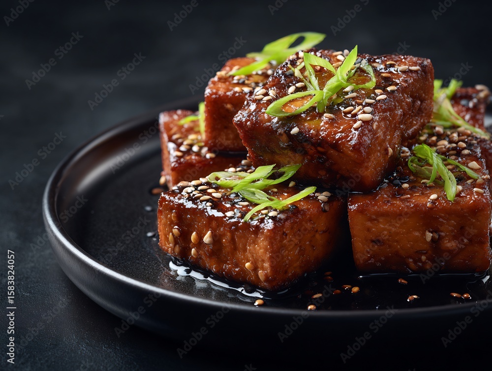 Korean soy braised tofu glossy brown glaze sesame seed green onion garnish black plate close up Korean soy braised tofu glossy brown glaze sesame seed green onion garnish black plate close up