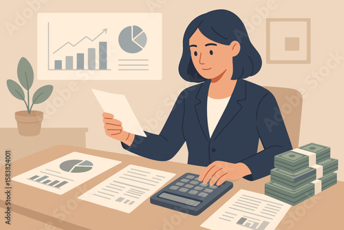 Businesswoman accountant at office desk calculating tax and managing finances. Concept of financial audit, money report, balance sheet, and business data analysis chart.