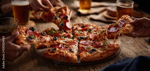 The delicious pizza with pepperoni and olives shared among friends.