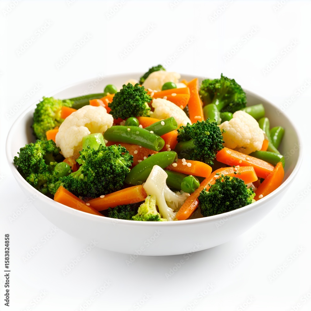 Vibrant assortment of steamed garden vegetables served in white bowl on white background Vibrant assortment of steamed garden vegetables served in white bowl on white background