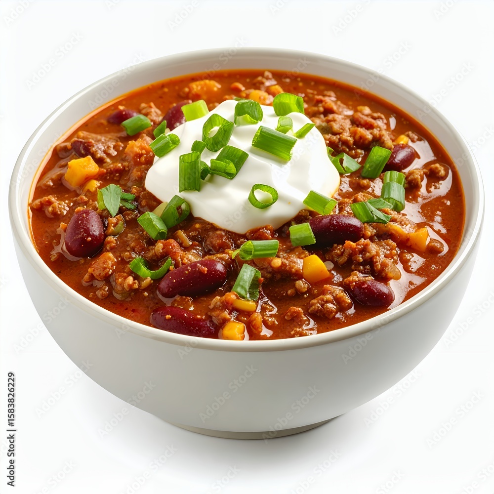 Hearty chili bowl topped with sour cream and chives, a delicious meal on white background Hearty chili bowl topped with sour cream and chives, a delicious meal on white background