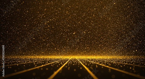 Golden Sparkling Particles and Light Grid Abstract Background for Technology and Celebration