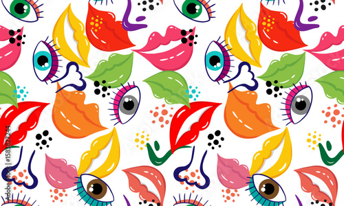 playful geometric pattern with cartoon eyes lips noses on white seamless background vibrant abstract facial features design art