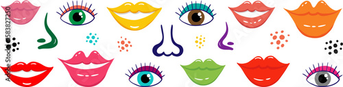 colorful flat vector facial features set isolated eyes lips noses smiles modern graphic elements for web design and decoration