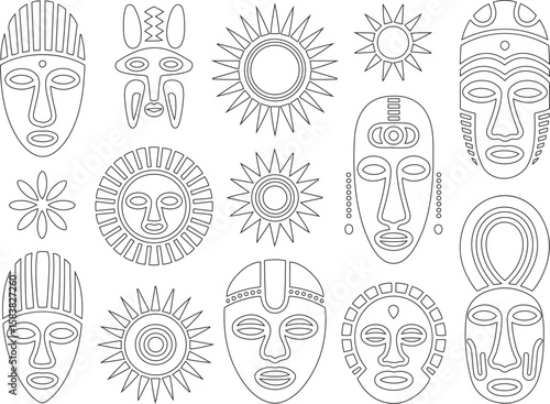 Collection of african tribal masks and sun symbols silhouette isolated on white background