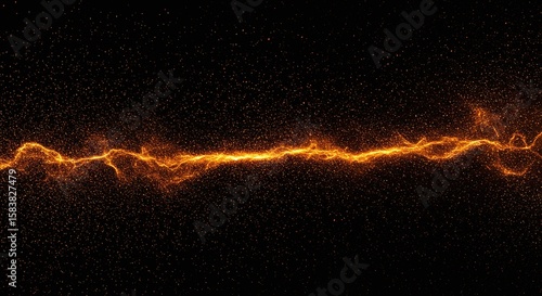 Bright Orange Lightning Bolt in Dark Space with Sparkling Particles
