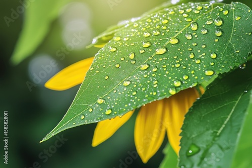 Fresh morning dew on vibrant green leaves and yellow sunflower petals in a garden setting