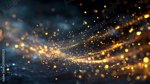 Abstract dark background with golden sparkling light particles flowing gracefully