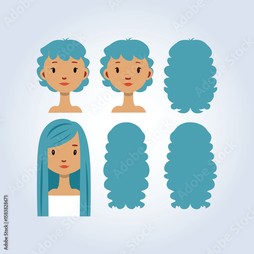 An illustration of girl with different hair style with side pose in blue color
