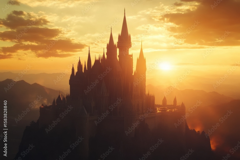 Naklejka premium Majestic castle silhouette against a stunning sunset over distant mountains