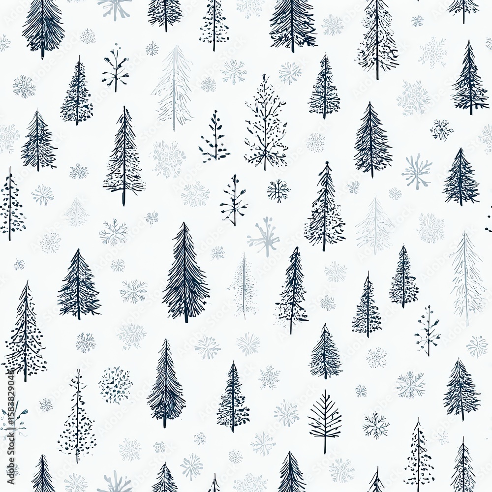 Obraz premium Minimalist seamless winter forest pattern with pine trees and snowflakes, monochrome modern design
