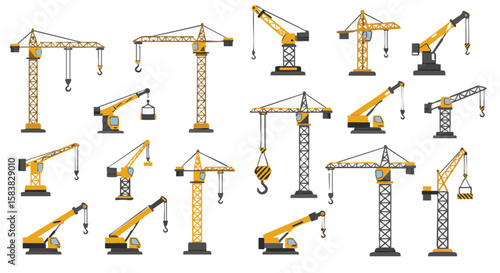 Set of 15 Flat Construction Crane Icons on White Background