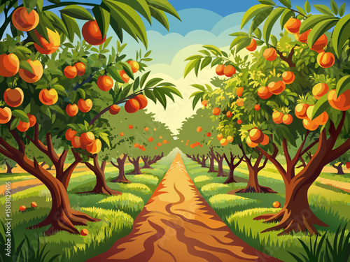 vector of Orchard of peach trees, full of ripe peaches ready to be harvested or picked...