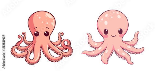 Cartoon plush octopus characters in pastel colors on isolated background  