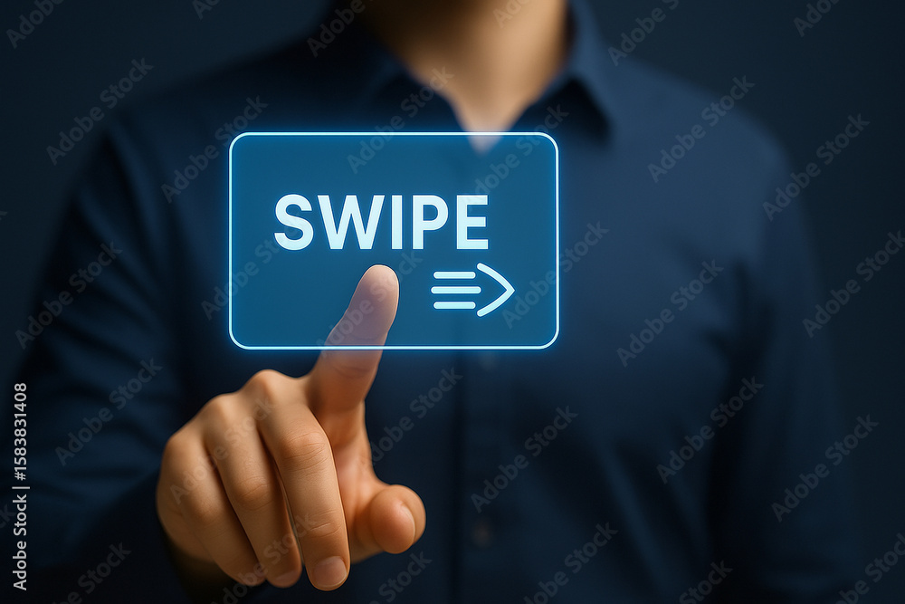 Modern hand pressing glowing swipe icon button on virtual screen for digital interface, subscription, navigation, and futuristic UX concept Modern hand pressing glowing swipe icon button on virtual screen for digital interface, subscription, navigation, and futuristic UX concept