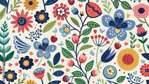 Joyful floral pattern; vibrant blooms, whimsical style, cheerful mood, seamless repeat design, perfect for textile, wallpaper, or surface design projects.